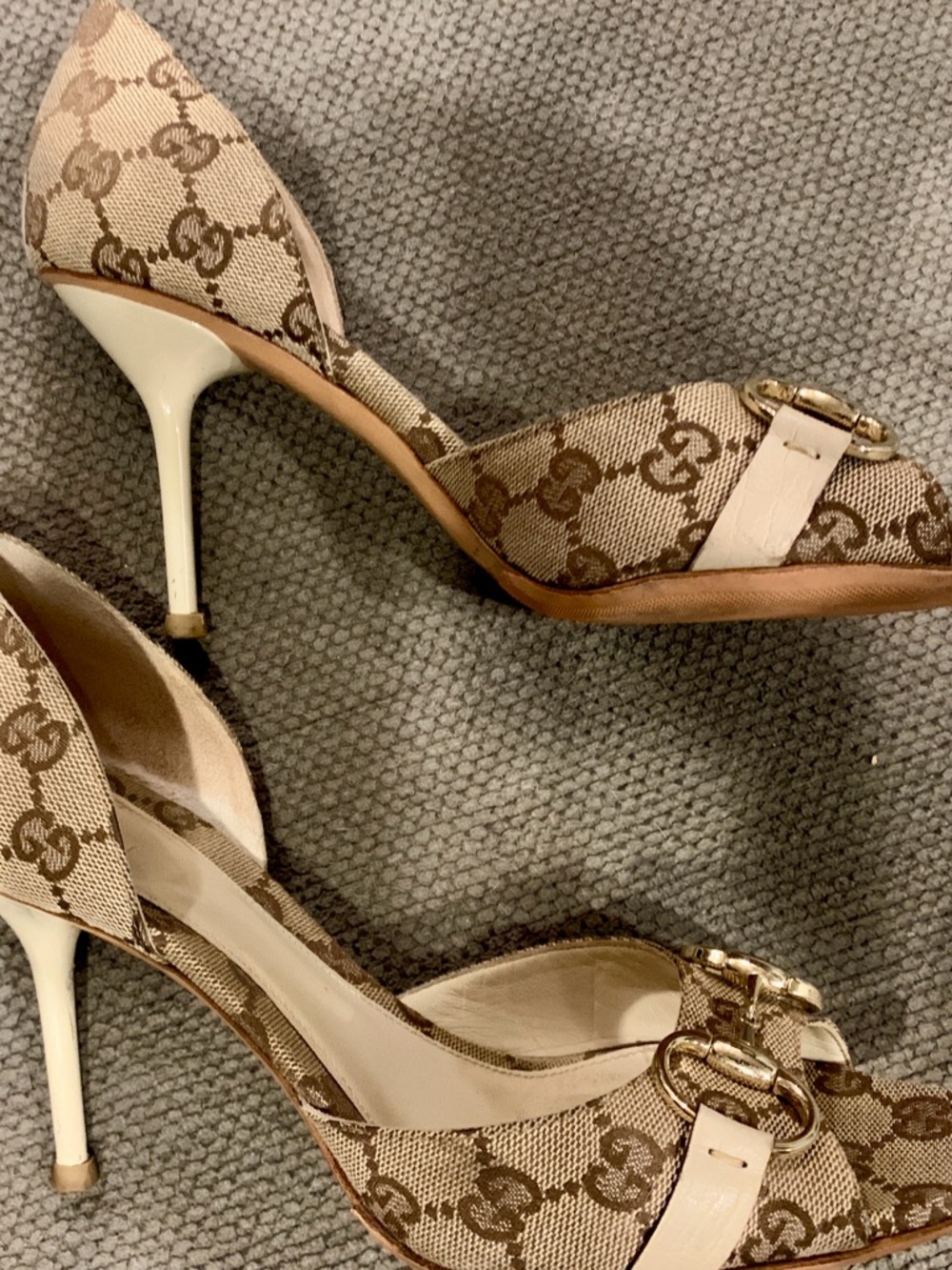 Gucci Beige GG Canvas Horsebit Open/Toe Pumps - Vintage - Picture 2 of 7